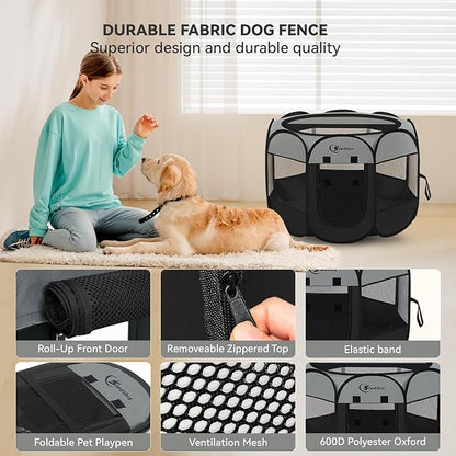 Dark Grey Puppy Playpen for Large Dog Cat, Dogs Tent Crates Cage Indoor/Outdoor, Portable Pop Up Dog Kennel with Carrying Bag for Rabbits, (Dark Grey, Large)