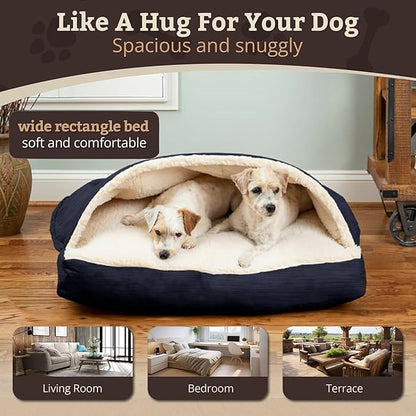 Snoozer Rectangle Cozy Cave Dog Bed - Indoor Dog Bed with Cover Cave, Covered Calming Burrow for Medium & Large Sized Pets with Blanket Attached, Enclosed, Washable Cover - Large, Navy