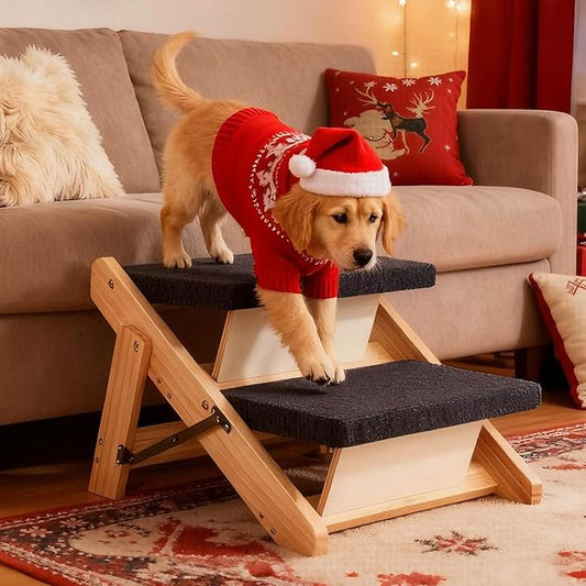 MEWANG Wood Pet Stairs & Ramp for Small/Medium Dogs and Cats, Aging Pets – 3-in-1 Foldable, Portable, Non-Slip Pet Ladder for Tall Beds, Couches,Cars–Holds Up to 220 lbs (17.3" L x 17.2" W x 13.0" H)