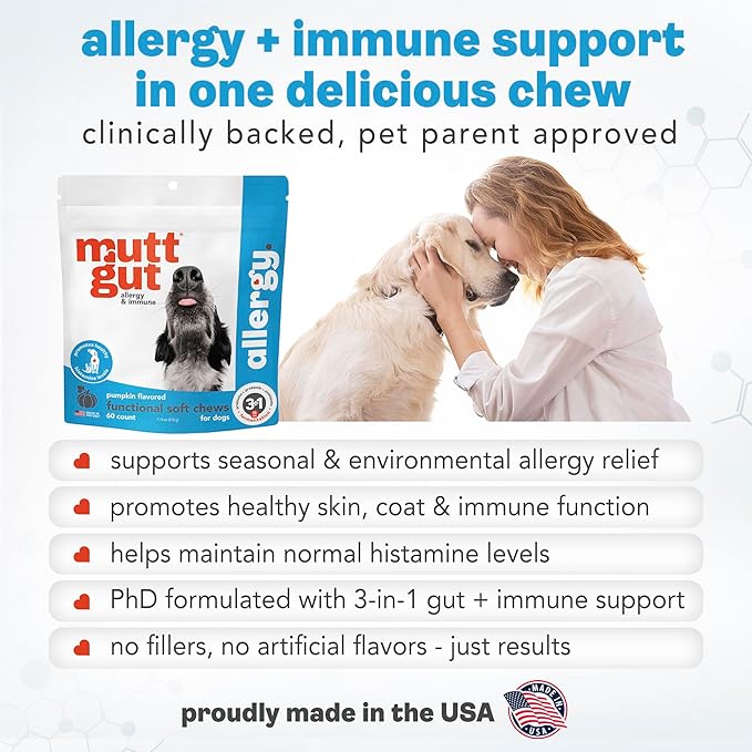 MuttGut® Dog Allergy and Immune Chews - Itch Relief for Dogs with Skin & Coat Support - Allergy Relief for Dogs Itching & Licking - Pet Allergy Chews for Seasonal Allergies - 60 Soft Chews