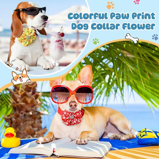 50 Pcs Paw Print Collar Bows Bulk for Dogs Bow Ties Flowers Charms Attachment for Small Medium Large Dogs Cats Collar Accessories Holiday Party Costumes