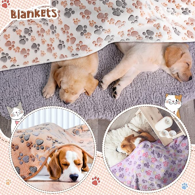 Tatuo 4 Pcs Dog Blanket for Pet Cat Blankets Indoor Puppy Teething Stuff Toys Paw Print Fleece Soft Blanket Sleep Mat for Guinea Pig Cage(White, Coffee, Pink, Purple,XXXX-Large(72 x 72 Inch),Square)
