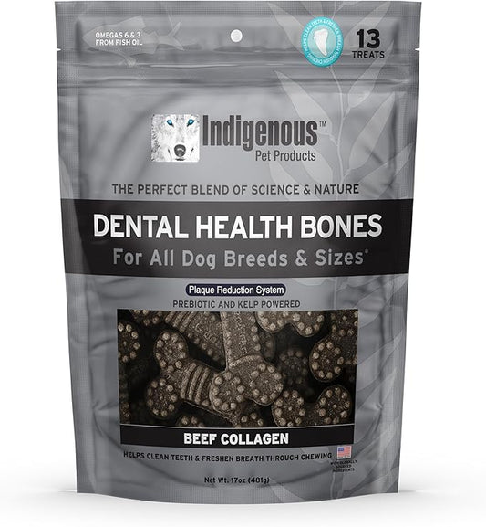 Indigenous Pet Dental Health Bones Regular – Beef Collagen (17 Ounce) | Grain-Free Dog Chews with Prebiotics & Omegas | Freshens Breath, Supports Digestive, Skin & Coat Health |
