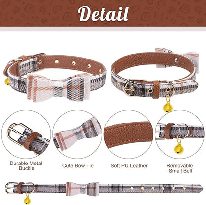 EXPAWLORER Dog Collar and Leash Set - Classic Plaid Medium Dog Collar with Bow Tie, Cute Collar and Leash Set, Adjustable Dog Collar for Medium Dogs Holiday Birthday Gifts, Beige Medium