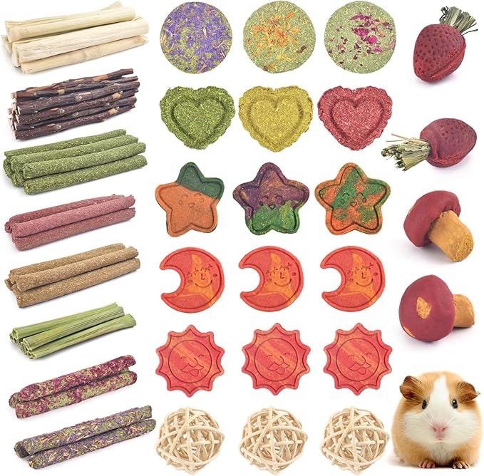 ERKOON 80PCS Bunny Chew Toys for Rabbits Teeth, Natural Rabbit Toys Apple Wood Sticks, Carrot, Timothy Grass Treats for Small Pets, Hamster, Chinchilla, Guinea Pig Dental Care and Treat Teething Toys