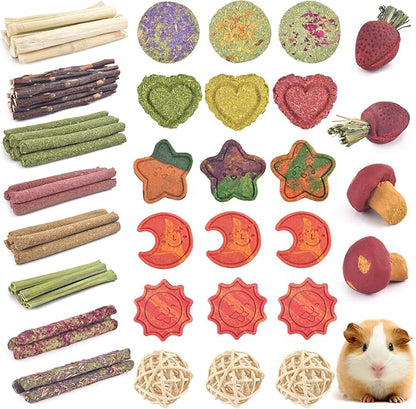 ERKOON 80PCS Bunny Chew Toys for Rabbits Teeth, Natural Rabbit Toys Apple Wood Sticks, Carrot, Timothy Grass Treats for Small Pets, Hamster, Chinchilla, Guinea Pig Dental Care and Treat Teething Toys