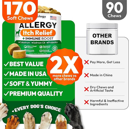 Dog Allergy Relief Chews - 170 Dog Allergy Chews - Itch Relief for Dogs - Omega 3 Fish Oil, Probiotics for Itchy Skin & Hot Spots Allergies, Paw Licking - Dry Skin & Coat Supplement - Immune Health