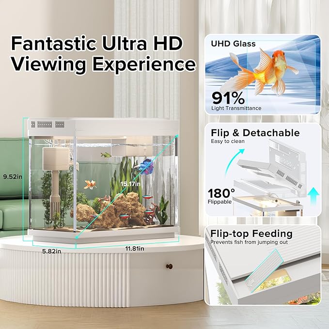 Vehipa Fish Tank 2.4 Gallon Aquarium Kit with Humidifier 7-Color Auto-Looping 3 in 1 Quiet Pump with Filteration & Oxygenation & Circulation, Temperature Display, HD Glass