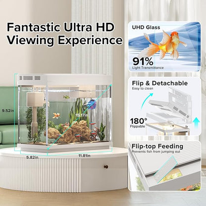 Vehipa Fish Tank 2.4 Gallon Aquarium Kit with Humidifier 7-Color Auto-Looping 3 in 1 Quiet Pump with Filteration & Oxygenation & Circulation, Temperature Display, HD Glass