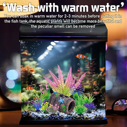 Ameliade Aquarium Plastic Plants Decorations and Fish Tank Broken Barrel Hideout Cave Decor Set Goldfish Betta Small Fish Bowl Ornaments Accessories 12 PCS