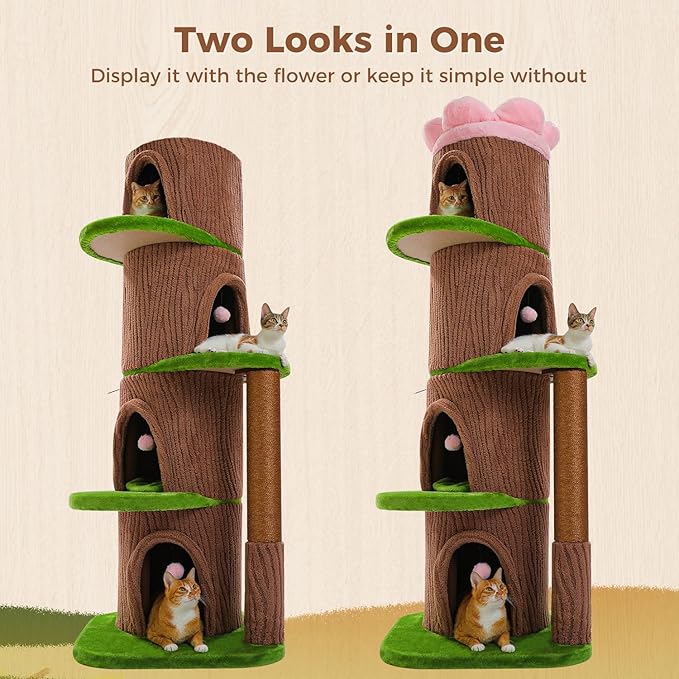 Forest Cat Tree Tower with 4 Condos, 68.5" Tall Cat Tower with Flower Top Bed & Thick Scratching Post (φ3.8in) – Large Heavy Duty Tree That Looks Like a Tree for Indoor & Multi-Cat Households