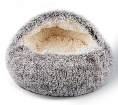 Cat Bed for Indoor Cats, Calming Cozy Cave with Self-Warming Plush, Entire Bed Machine Washable & Anti-Slip Base, Breathable Pet Bed for Small Cats&Dogs All Seasons (Khaki, 20 * 20inch)