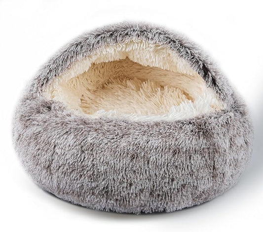 Cat Bed for Indoor Cats, Calming Cozy Cave with Self-Warming Plush, Entire Bed Machine Washable & Anti-Slip Base, Breathable Pet Bed for Small Cats&Dogs All Seasons (Khaki, 20 * 20inch)