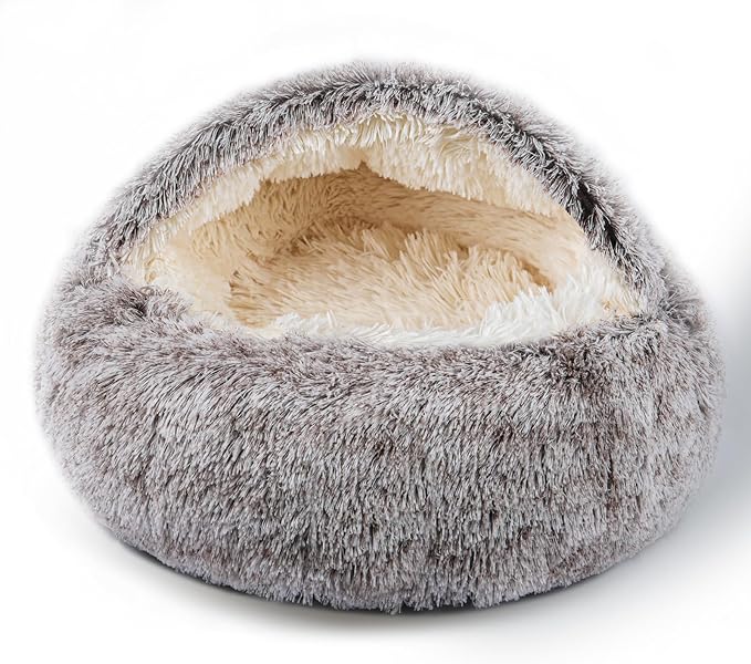 Cat Bed for Indoor Cats, Calming Cozy Cave with Self-Warming Plush, Entire Bed Machine Washable & Anti-Slip Base, Breathable Pet Bed for Small Cats&Dogs All Seasons (Khaki, 24 * 24inch)