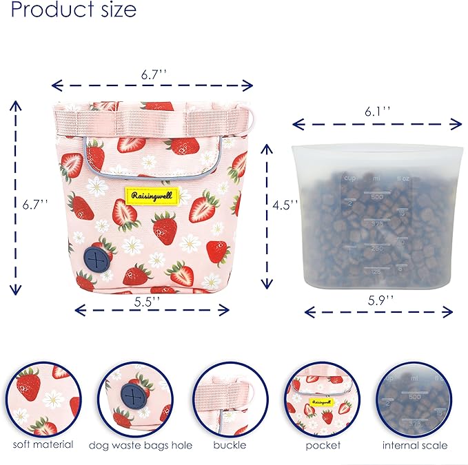 Dog Treat Pouch for Pet Walking and Training with Clicker 2 Cup Silicone Bag Small Fanny Pack Holder for Puppy Snack Dispenser Kit for Leash and Outdoor Use (Strawberry)