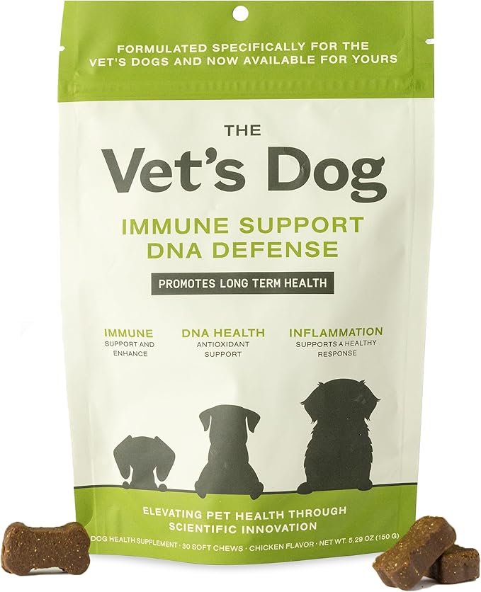 The Vet's Dog Immune Support DNA Defense Chews, Dog Allergy and Immune Chews + Hip and Joint Supplement for Dogs, Organic Turkey Tail Mushroom, Turmeric, Barley Grass, Chicken Liver Flavor (30 Count)