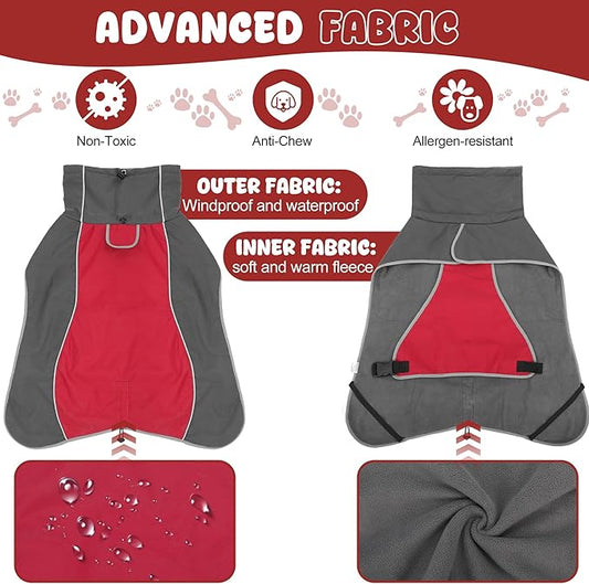 Dog Raincoat, Waterproof Dog Coat with Reflective Straps, Leash Hole & Polar Fleece Lining, Winter Snow Rain Coat for Small, Medium & Large Dogs, Warm, Windproof Vest Jackets