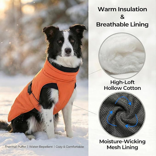 Puffer Dog Winter Coat for Rain and Snow, Water-Repellent and Windproof Jacket Keeps Dogs Warm and Dry, High Collar and Harness Opening Design, Ideal Dog Stocking Stuffer(Aurantium, XX-Large)