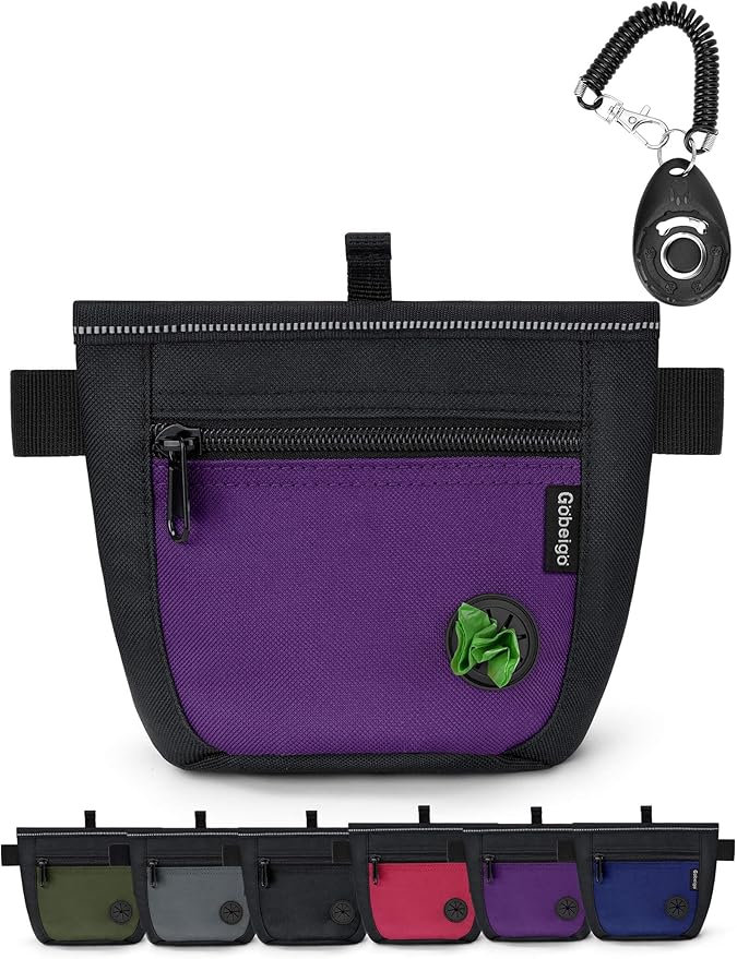 Gobeigo Dog Treat Pouch and Training Clicker, Upgrade Two Magnetic Closure to Prevent Spills, 2 Cup Treat Bag with Poop Bag Dispenser, Metal Clip Waist Belt Fanny Pack for Pet Walk (Black/Purple)