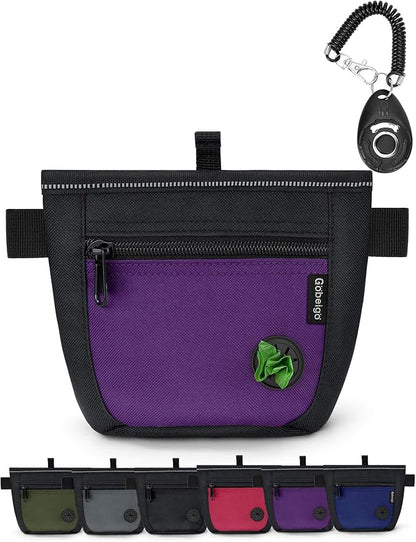 Gobeigo Dog Treat Pouch and Training Clicker, Upgrade Two Magnetic Closure to Prevent Spills, 2 Cup Treat Bag with Poop Bag Dispenser, Metal Clip Waist Belt Fanny Pack for Pet Walk (Black/Purple)