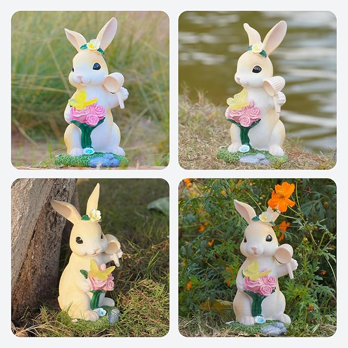NYUWOAURC Garden Statues Rabbit with Solar Light,Bunny Outdoor Garden Decor Ornaments for Patio Yard Art,Birthday Easter House Warming Garden Gift for Women Mom,Resin Animal Figurine with Wider Base