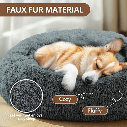 JOLLYVOGUE Small Dog & Cat Beds for Indoor Cats, Donut Cuddler Warming Soft Dog Beds with Anti-Slip Bottom, Round Calming Fluffy Plush Faux Fur Cushion Bed for Medium Dogs (27")