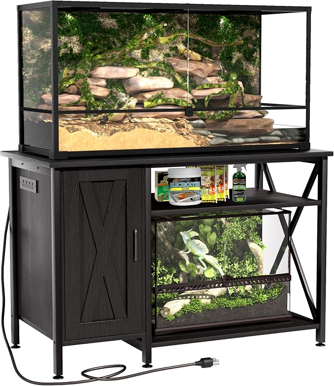 Herture 40-120 Gallon Reptile Tank Stand with Power Outlet, Terrarium Stand with Storage Cabinet, 48" X 24" Tabletop, Reptile Terrarium,Turtle Tank Black PG08XYB