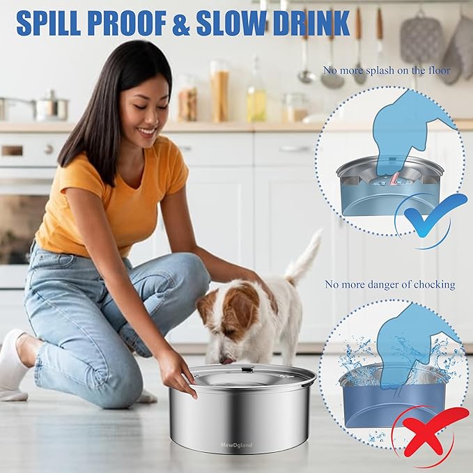 Dog Water Bowl Dispenser, No Spill Water Bowls for Dogs & Slow Feeder Stainless Steel Dog Bowl - Anti-Slip Pet Water Bowl Dispenser for Messy Drinkers