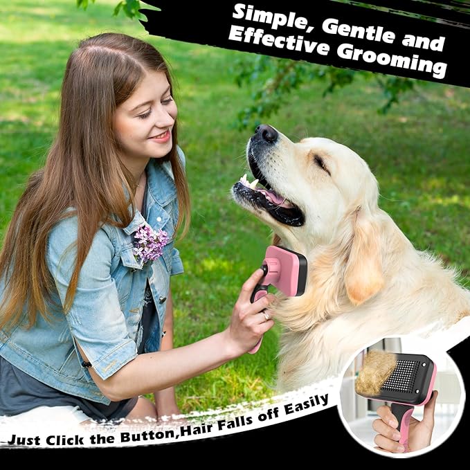 3PCS Self Cleaning Slicker Brush & Pet Grooming Rake & Flea Comb for Dogs,Cats and Horses | Double-Sided Dematting Comb & Skin Friendly Deshedding Grooming Tool | Pet Supplies (Light Pink)