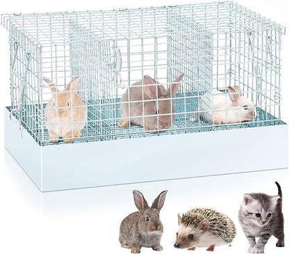 DoubleFill 3 Hole Folding Rabbit Cage, Portable Bunny Carrier with Tray and Handles for Transport, Trave or Temporary Housing, Indoor Outdoor Pet Habitat Animal Enclosure (Sliver,24 x 14 x 12 in)
