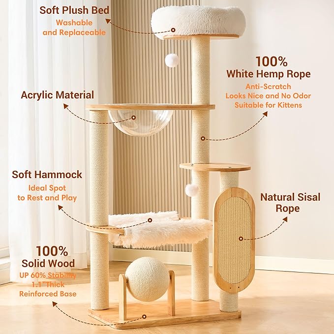 HITTITE Solid Wood Cat Tree Tower with Scratching Post, 53 Inches Tall Cat Towers with Scratching Board and Scratcher Ball, Modern Cat Tower with Space Capsule and Removable Top Bed for Indoor Cats