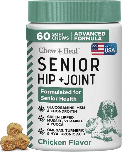 Glucosamine for Dogs Hip and Joint Supplement - 60 Senior Dogs Mobility Soft Chews - Made with Glucosamine, MSM, Chondroitin, Green Lipped Mussels and More - Made in The USA