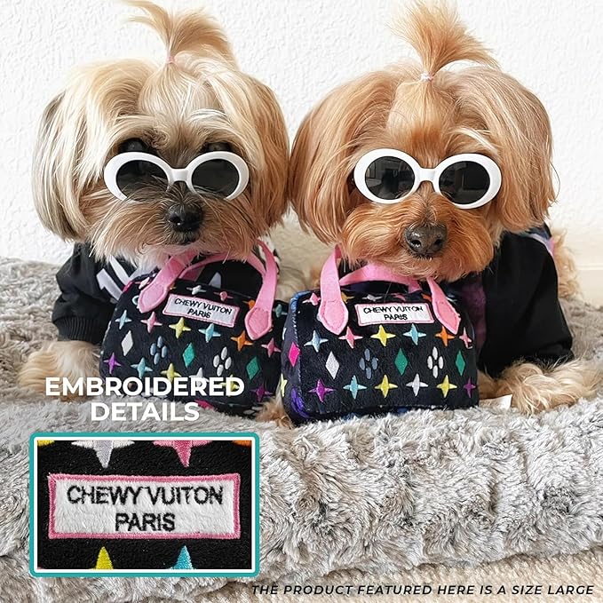 Haute Diggity Dog Black Monogram Chewy Vuiton Handbag, Plush Designer Dog Toys with Interactive Squeaker, Stimulating Pet Enrichment, Machine-Washable & Safe Materials for All Breeds, Size Large