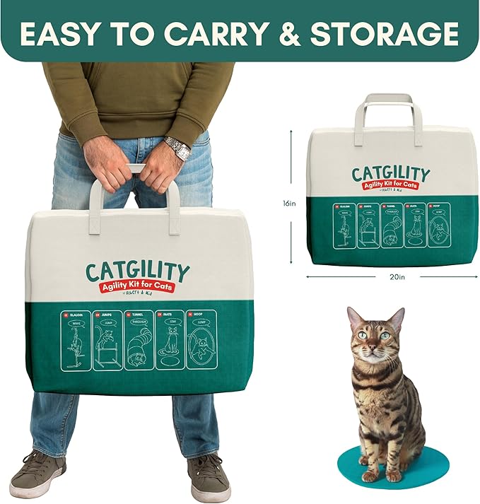 ALBERT & MIA CATGILITY Cat Agility Equipment + Clicker Trainer Guide – Exercise Agility Course – Jumping Hurdles & Hoop, Tunnel (Small Dog & Cat Training) Clicker Training Obstacle Course for Cats