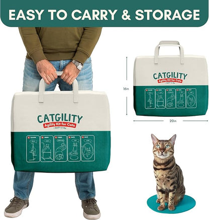 ALBERT & MIA CATGILITY Cat Agility Equipment + Clicker Trainer Guide – Exercise Agility Course – Jumping Hurdles & Hoop, Tunnel (Small Dog & Cat Training) Clicker Training Obstacle Course for Cats