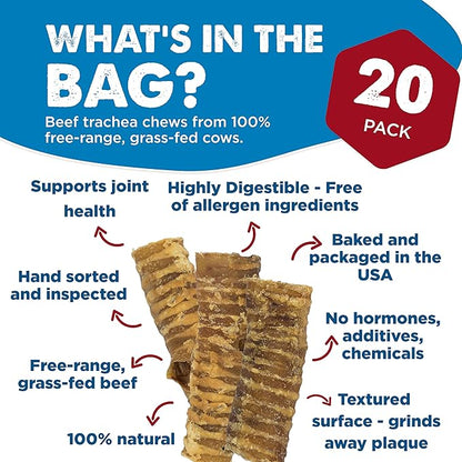 Best Bully Sticks Premium 6 Inch Beef Trachea - 20 Count (Pack of 1) - All-Natural, Grain-Free, Single-Ingredient, Supports Dental Health