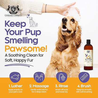 Dog Shampoo and Conditioner Aromatherapy Pet Bundle Set Itchy Skin Relief - De-Stress Dog Grooming Bundle with Dogs Calming Spray Scent Mist, and Pet Odor Eliminator Candle - Lavender & Chamomile