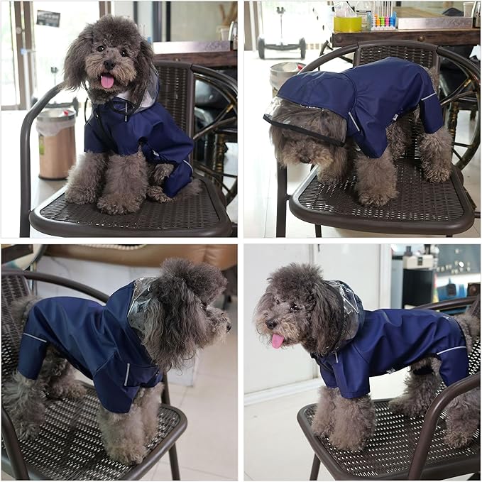 Four-Legged Full Coverage Waterproof Dog Raincoat with Reflective Features Pet Raincoats for Large Medium Small Dogs Navy Blue S