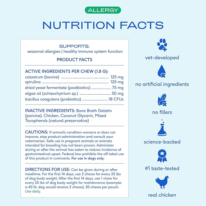 Native Pet Dog Allergy Chews - Dog Allergy Relief with Probiotics and Colostrum for Itchy Skin Relief to Support Seasonal Allergy and Healthy Immune System - All Natural Anti-Histamine - 30 Chews