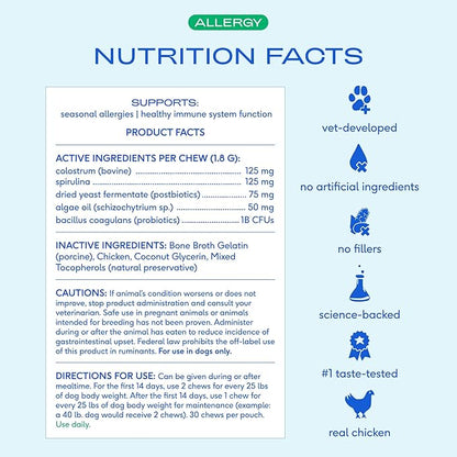 Native Pet Dog Allergy Chews - Dog Allergy Relief with Probiotics and Colostrum for Itchy Skin Relief to Support Seasonal Allergy and Healthy Immune System - All Natural Anti-Histamine - 60 Chews