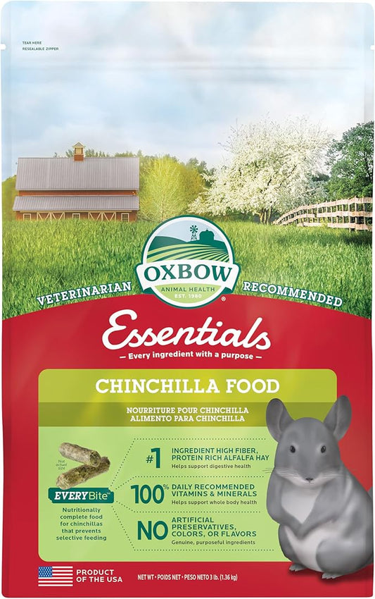 Oxbow Essentials Chinchilla Food, Made with Oxbow Alfalfa, Vitamin & Mineral Rich Food for Chinchillas, Small Animal Pet Pellets, Made in USA, High Fiber, 3 lb Bag