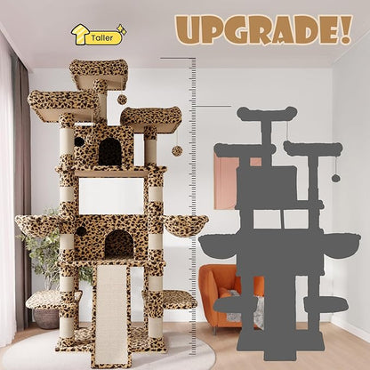 SHA CERLIN 81 Inches Extra Large Cat Tree for Indoor Adult Cats/XXL Big Cat Tower with Condo/Cozy Perches/Sisal Scratching Posts and Hammocks/Activity Center/F80/Heavy Duty/Leopard Print