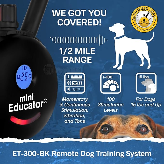 Educator ET-300 Black Mini E Collar for Dog Training with Remote - 1/2 Mile Range, Waterproof, 100 Blunt Stimulation Levels, Tone or Vibration Mode, Night Light Tracking for Small, Medium & Large Dogs