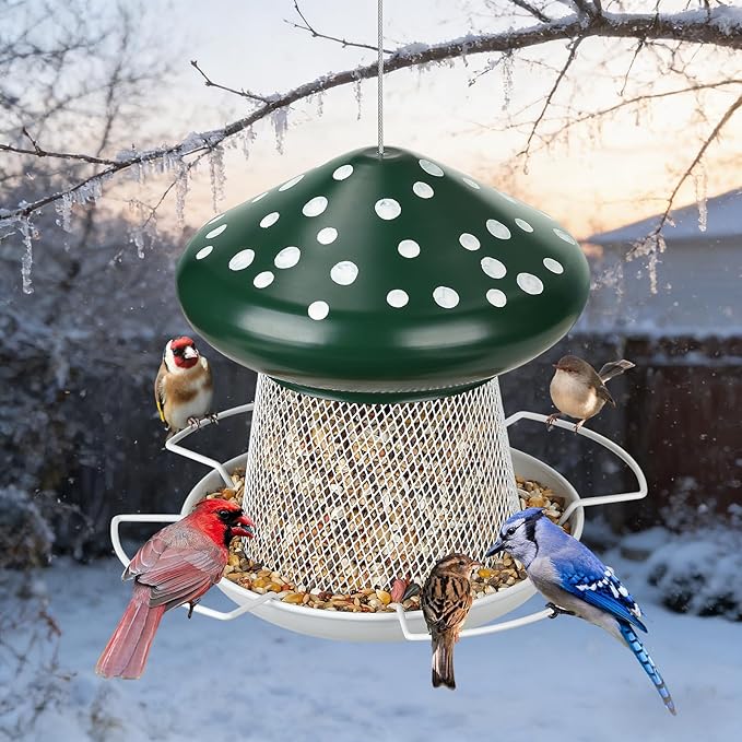 IWNTWY Bird Feeder, Heavy Duty Metal Bird Feeders for Outdoor Hanging, Cute Mushroom Shape Wild Birdfeeder for Outside Garden Yard (Green)