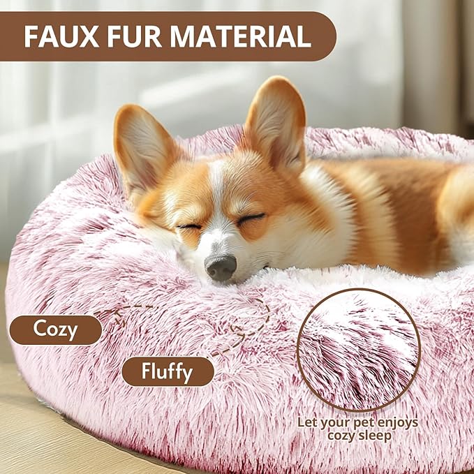 JOLLYVOGUE Small Dog & Cat Beds for Indoor Cats, Donut Cuddler Warming Soft Dog Beds with Anti-Slip Bottom, Round Calming Fluffy Plush Faux Fur Cushion Bed for Large Dogs (36", Smoke Pink)