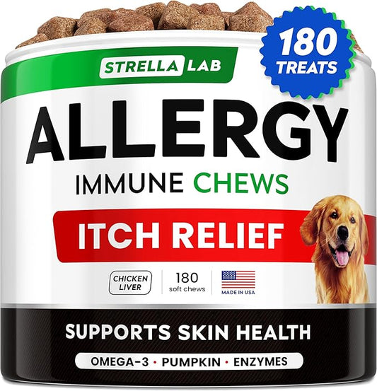 StrellaLab Dog Allergy Relief & Anti Itch Support Chews w/Omega 3: Real Ingredients, Real Taste! Skin & Coat Immune Supplement w/Fish Oil, Pumpkin & Enzymes — Developed by Experts - Made in USA -180Ct