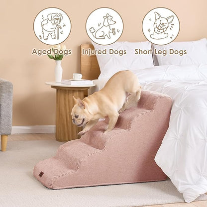EHEYCIGA Curved Dog Stairs Ramp for High Beds 22.6" H, 5-Step Dog Steps for Small Dogs and Cats, Pet Stairs for High Bed Climbing, Non-Slip Balanced Pet Step Indoor, Dusty Pink