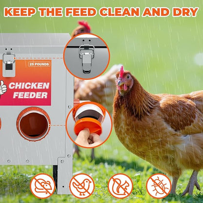 JASDEGO 4 Ports Metal Chicken Feeder No Waste 25 Pounds Automatic Poultry Feeder with Latch & Handle for Chickens Bantams Pheasants Poultry Coop Rodent Proof