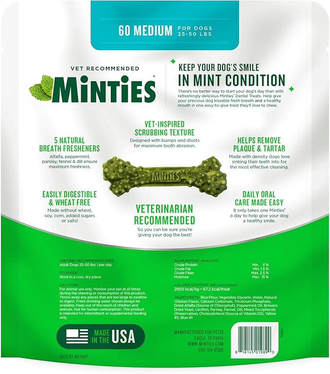 Minties Dental Chews for Dogs, 8 Count, Vet-Recommended Mint-Flavored Dental Dog Treats for Medium Dogs, Bones Clean Teeth, Fight Bad Breath, and Removes Plaque and Tartar