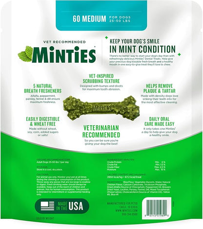 Minties Dental Chews for Dogs, 8 Count, Vet-Recommended Mint-Flavored Dental Dog Treats for Medium Dogs, Bones Clean Teeth, Fight Bad Breath, and Removes Plaque and Tartar